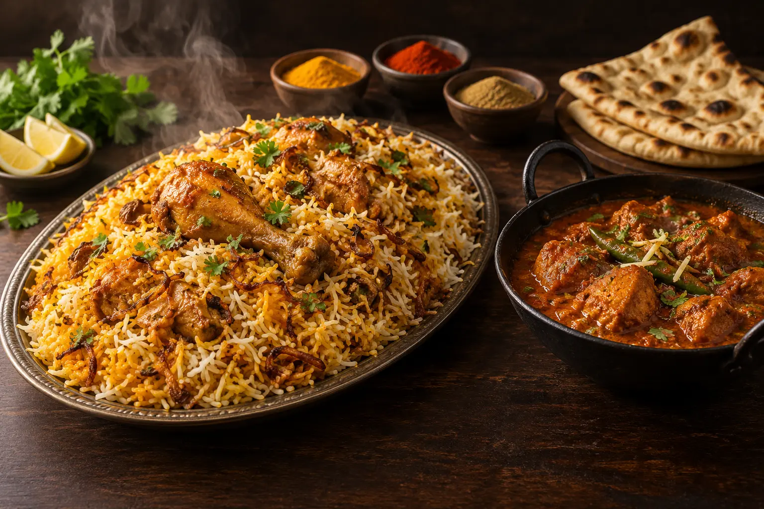 A spread of delicious Pakistani rice and curry dishes